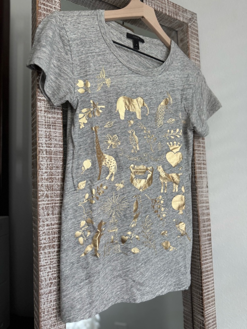 J. Crew Heather Grey Tee with Gold Animal Foil